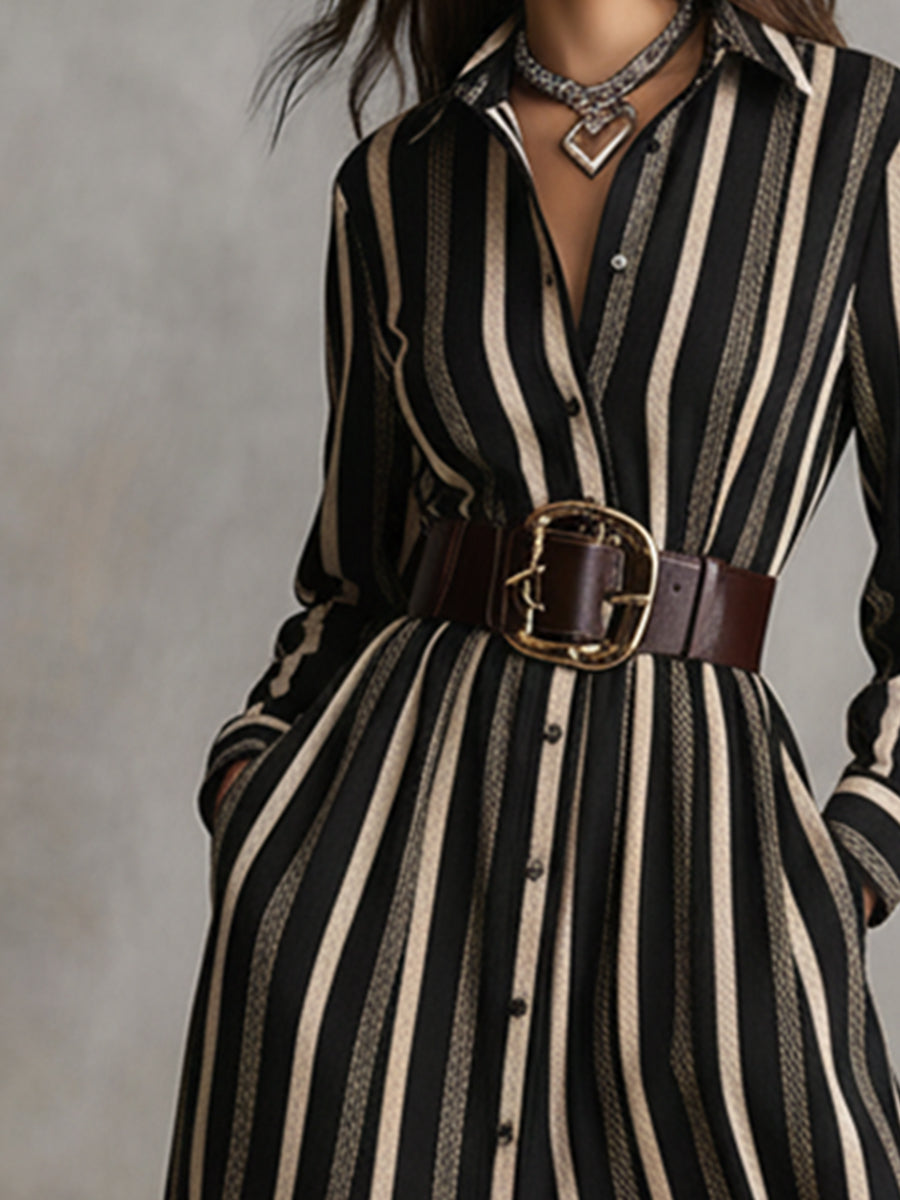 Robe Maxi Retro Ethnique à Boutons - Rayures Marron et Noires