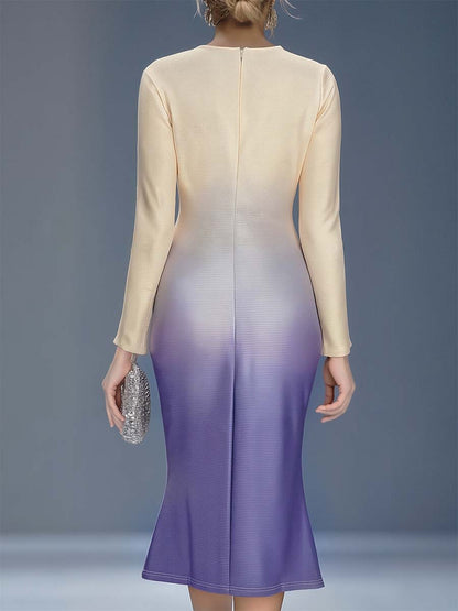 Robe Midi Élégante à Fleurs 3D en Dégradé Beige et Violet