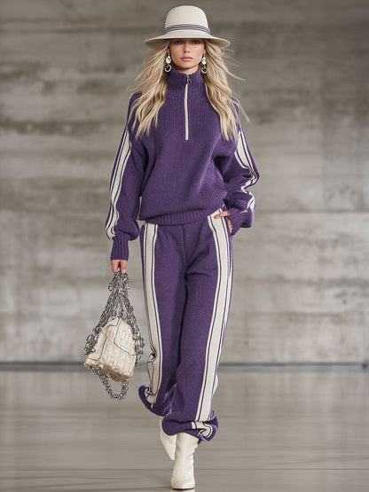 Ensemble Sportif Violet : Pull Tricoté à Demi-Zip et Pantalon Décontracté