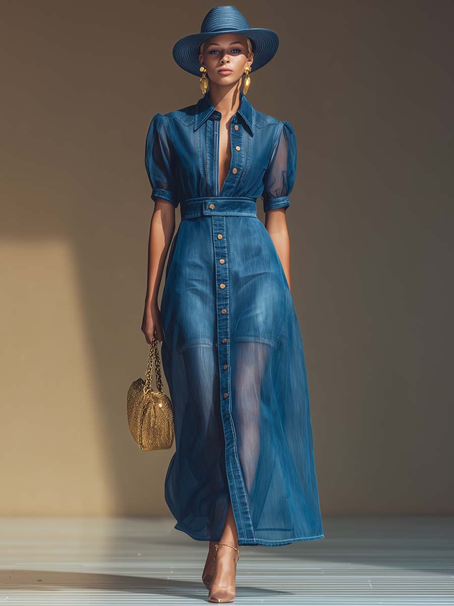 Maxi Robe en Denim Bleu avec V-Cou, Boutons Frontaux et Manches Courtes en Organza
