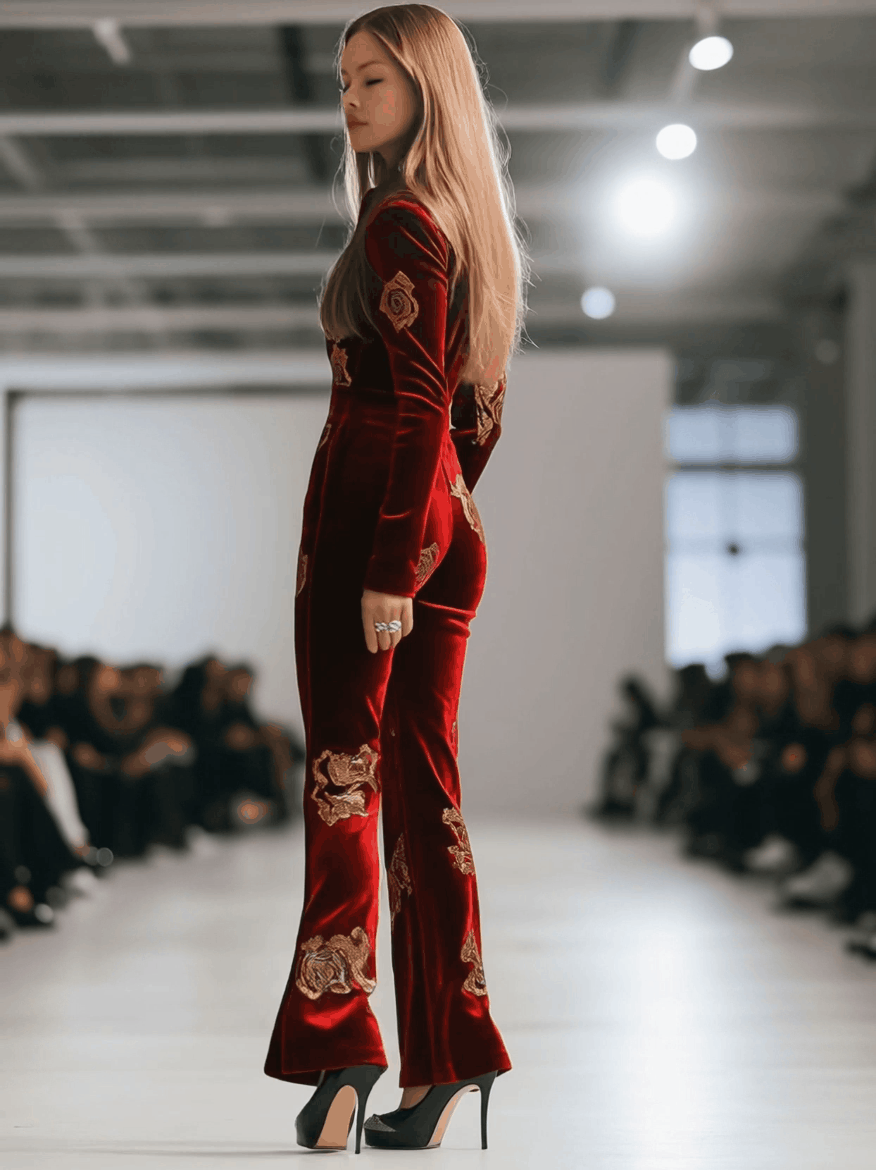 Expédition rapide en 24h : Salopette en velours rouge rétro avec impression de roses dorées et zip, style décontracté