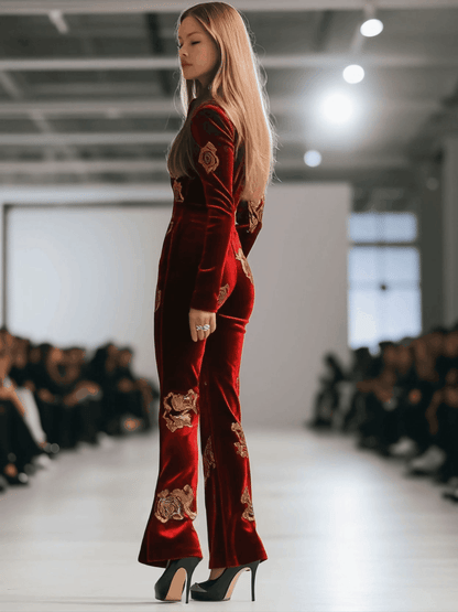 Expédition rapide en 24h : Salopette en velours rouge rétro avec impression de roses dorées et zip, style décontracté