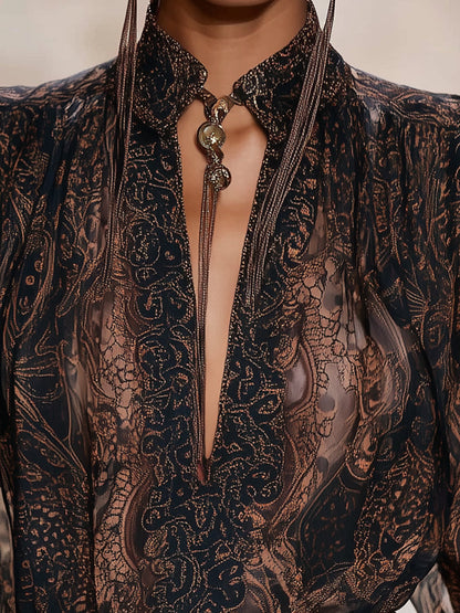 Chemise V en Chocolat Mocha - Imprimé Longue Manche Premium