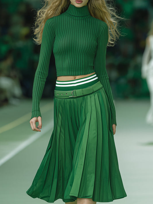 Ensemble Tunique Tricotée Éclatante en Vert avec Jupe Plissée Chic