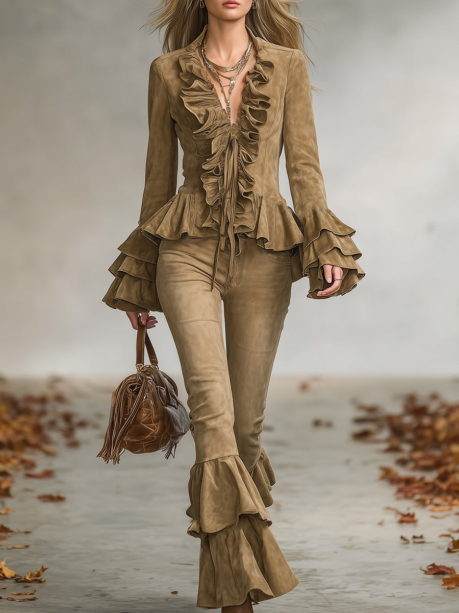 Ensemble Vintage en Suédine Kaki avec Veste et Pantalon à Volants