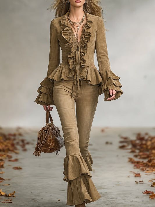 Ensemble Vintage en Suédine Kaki avec Veste et Pantalon à Volants