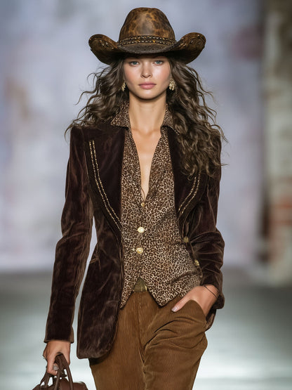 Veste Vintage en Velours Côtelé avec Détails en Ruban Doré et Boutonnage Simple