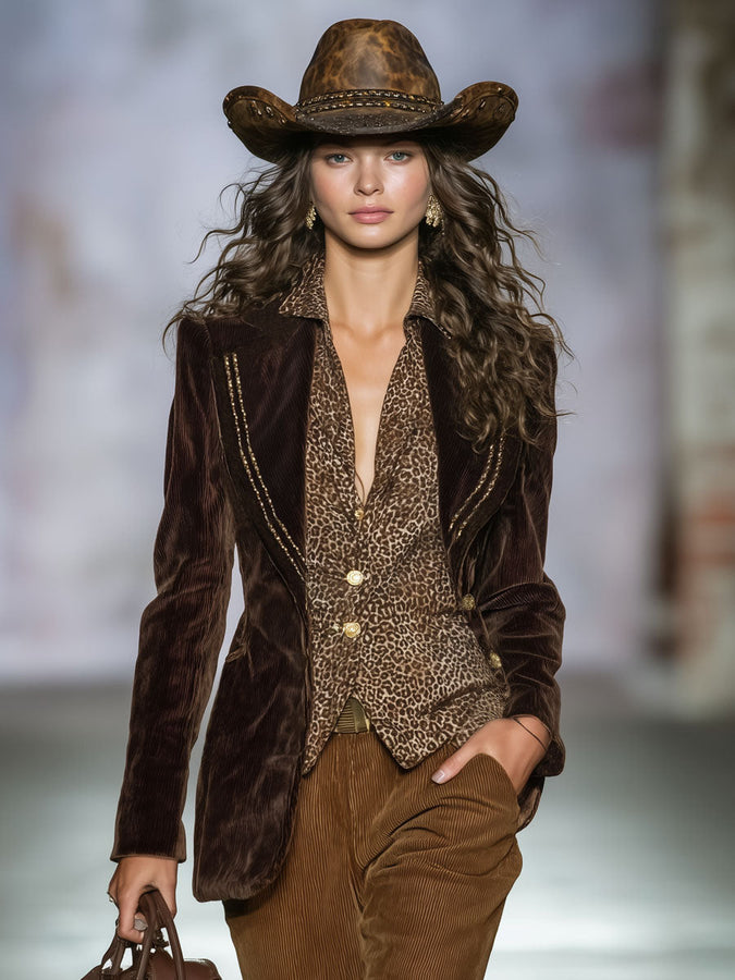 Veste Vintage en Velours Côtelé avec Détails en Ruban Doré et Boutonnage Simple