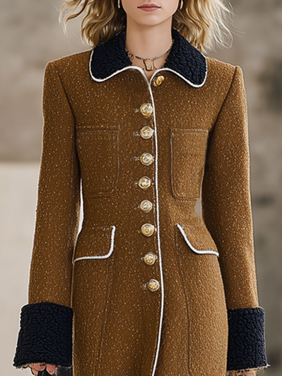 Long Manteau en Laine de Chameau avec Panneaux en Polaire Noire au Style Rétro et Ample