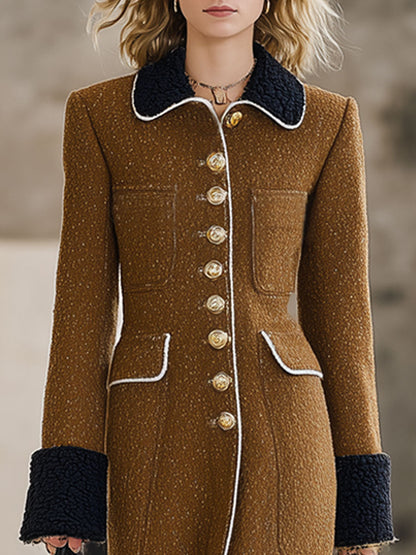 Long Manteau en Laine de Chameau avec Panneaux en Polaire Noire au Style Rétro et Ample