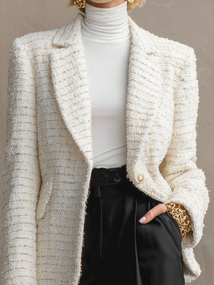 Tweed Blazer à Revers avec Bouton Unique et Poches Doubles
