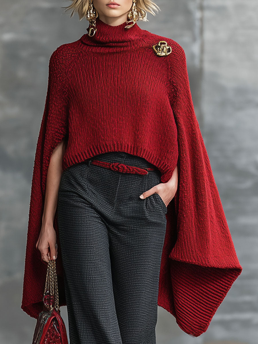 Rétro Rouge : Pull Cape Tricoté Élégant
