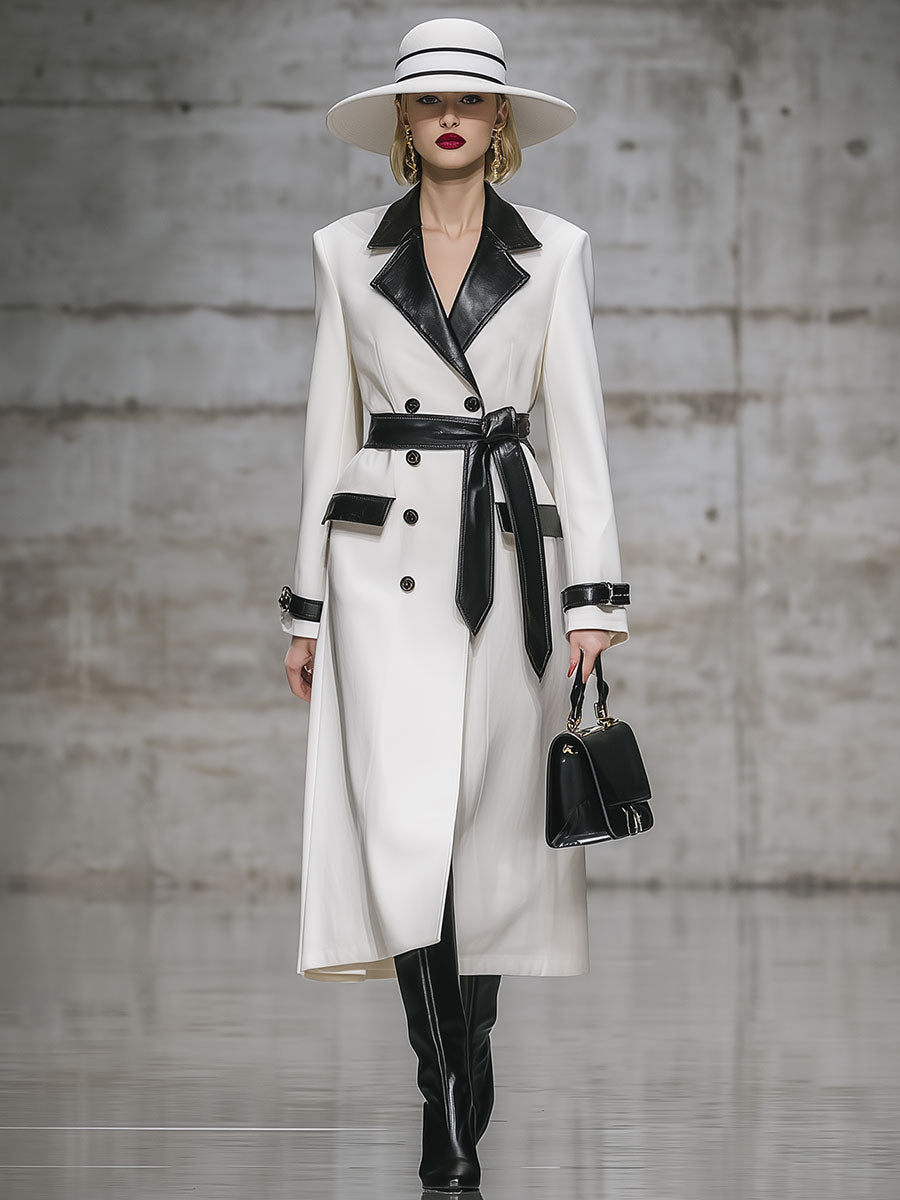 Mi-Long Manteau en Simili Cuir avec Col Chic et Coutures Contrastées