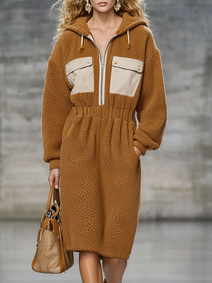 Robe Midi Décontractée en Polaire Camel Vintage avec Capuche et Taille Élastique