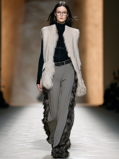 Stylish Grey Plaid Trousers with Luxe Faux Fur Trim