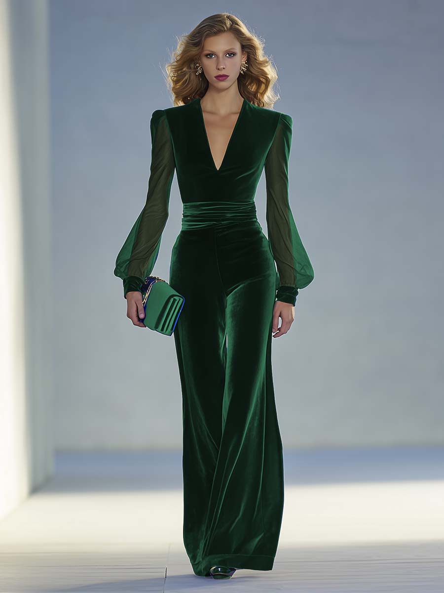 Élégante Combinaison Vintage en Velours Bleu Royal à Col V et Manches Longues