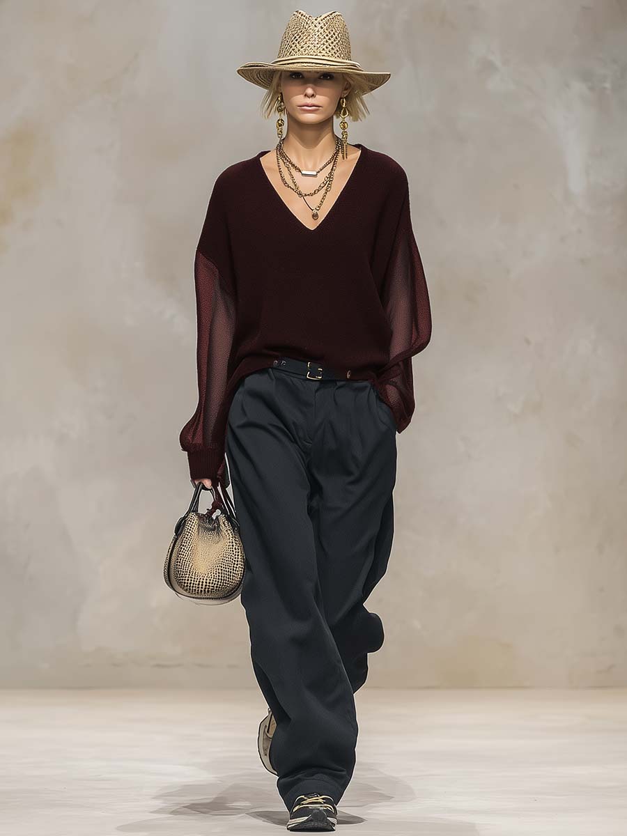 Blouse Noire en Maille Longue à Manches Transparentes - Élégance Confortable avec Décolleté en V