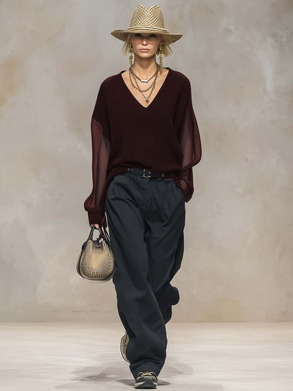 Blouse Noire en Maille Longue à Manches Transparentes - Élégance Confortable avec Décolleté en V