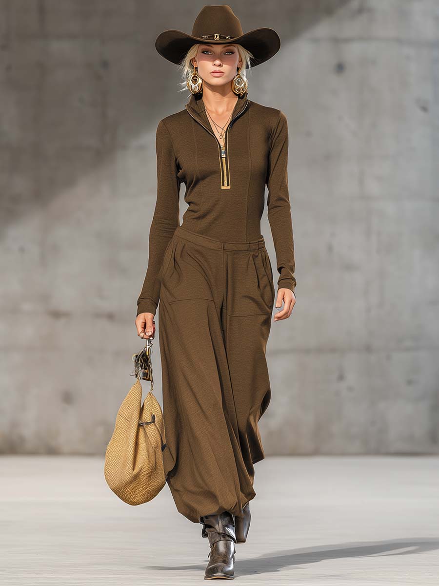 Ensemble Sportif Rétro en Gris Foncé avec Col Mi-Haut, Zip Avant et Pantalons Amples