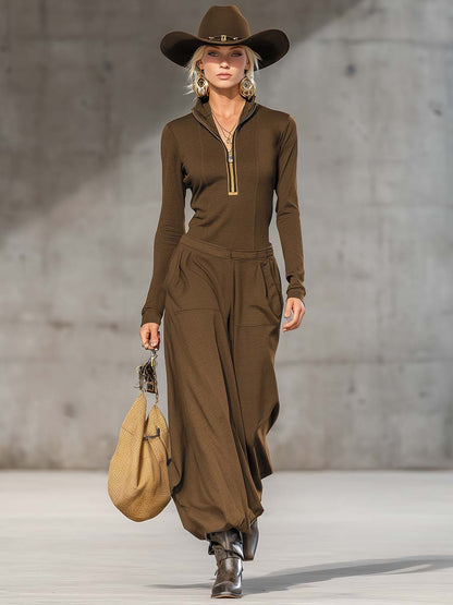 Ensemble Sportif Rétro en Gris Foncé avec Col Mi-Haut, Zip Avant et Pantalons Amples