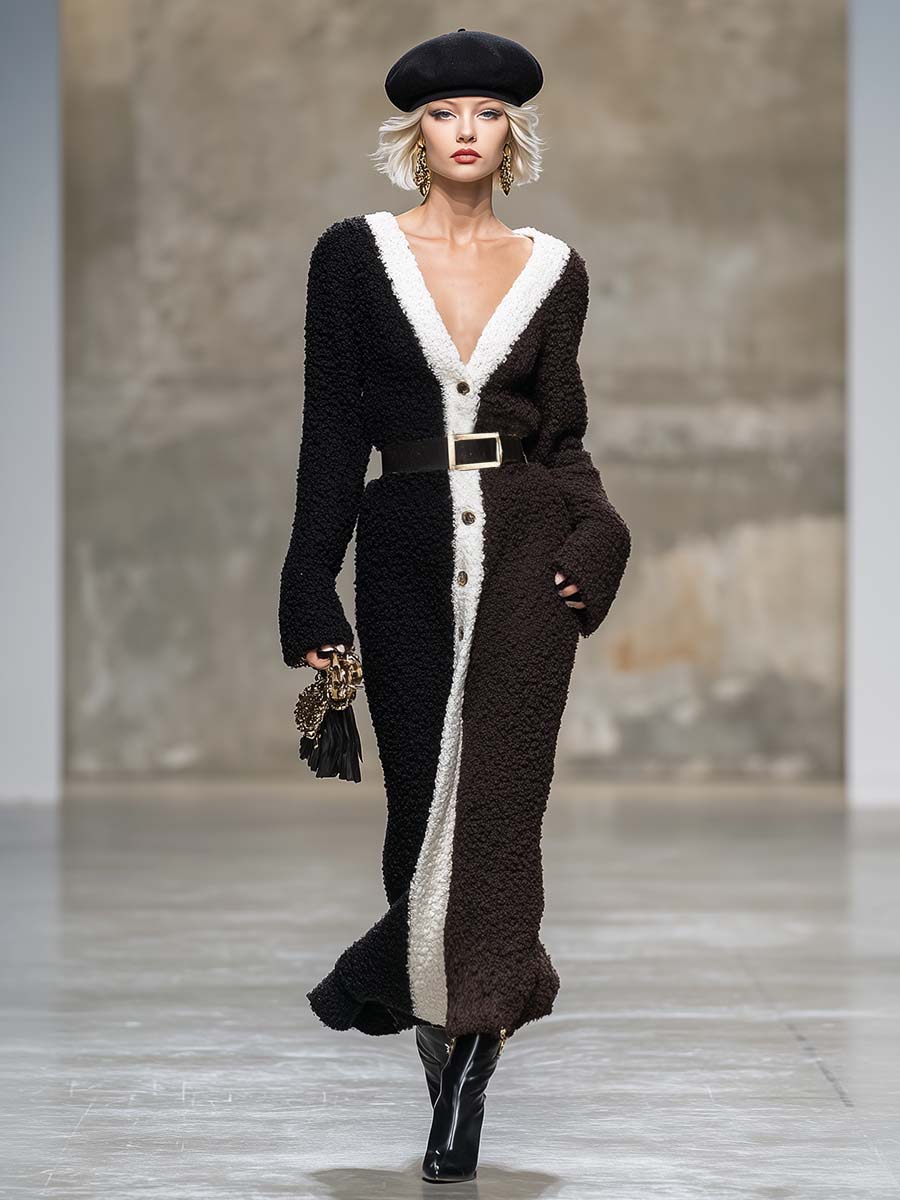 Robe Maxi en Fleece Polaire Chocolat avec Décolleté en V et Fermeture à Boucle