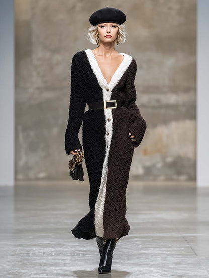 Robe Maxi en Fleece Polaire Chocolat avec Décolleté en V et Fermeture à Boucle