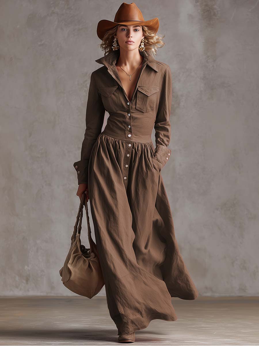 Robe Maxi Élégante en Coton et Lin Rouge - Style Veste de Vent avec Détails à Boutons