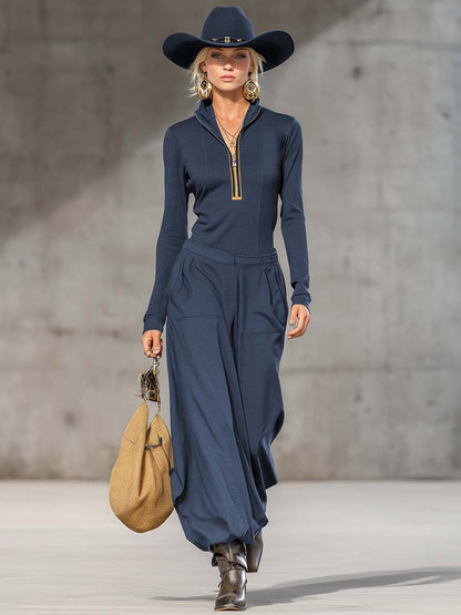 Ensemble Sportif Rétro en Gris Foncé avec Col Mi-Haut, Zip Avant et Pantalons Amples