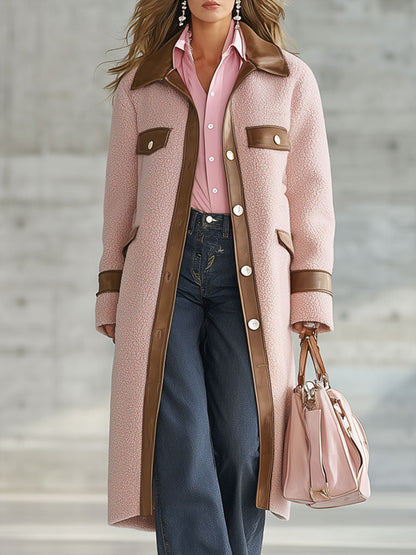 Long Fleece Coat in Pink with Brown PU Details - Retro Western Style