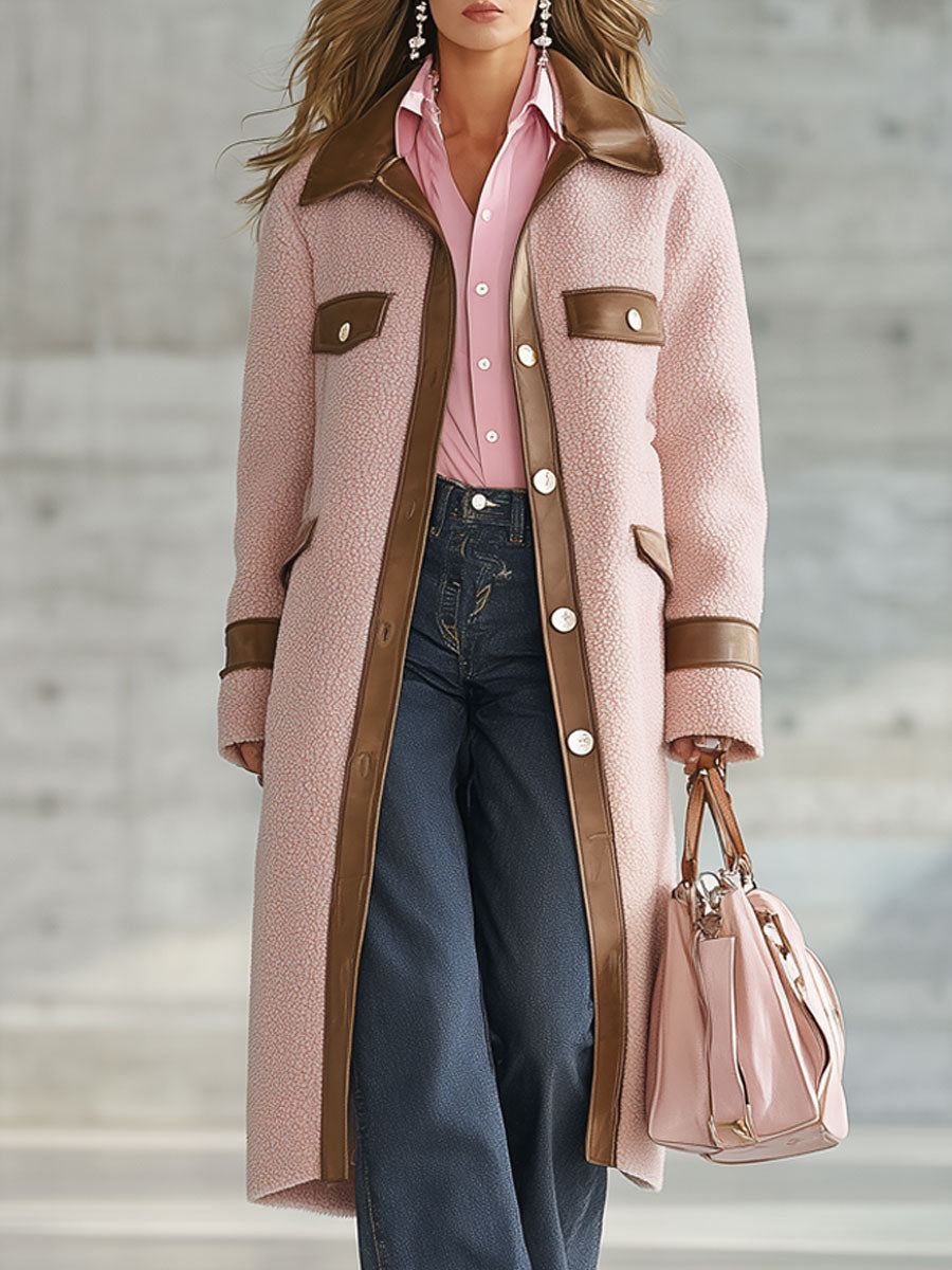 Long Rose en Polaire avec Accents Marron PU au Style Western Vintage