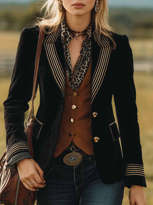 Blazer Noir en Suède Synthétique avec Rayures Western Vintage