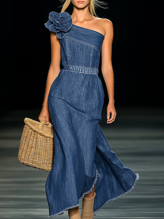 Robe Maxi en Jean 3D Florale Élégante Sans Épaules - Livraison en 24 Heures