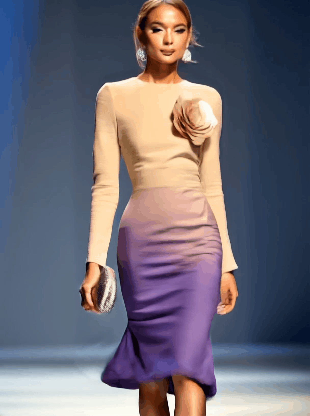 Robe Midi Élégante Beige et Violet Dégradé avec Fleurs 3D – Expédition en 24 Heures