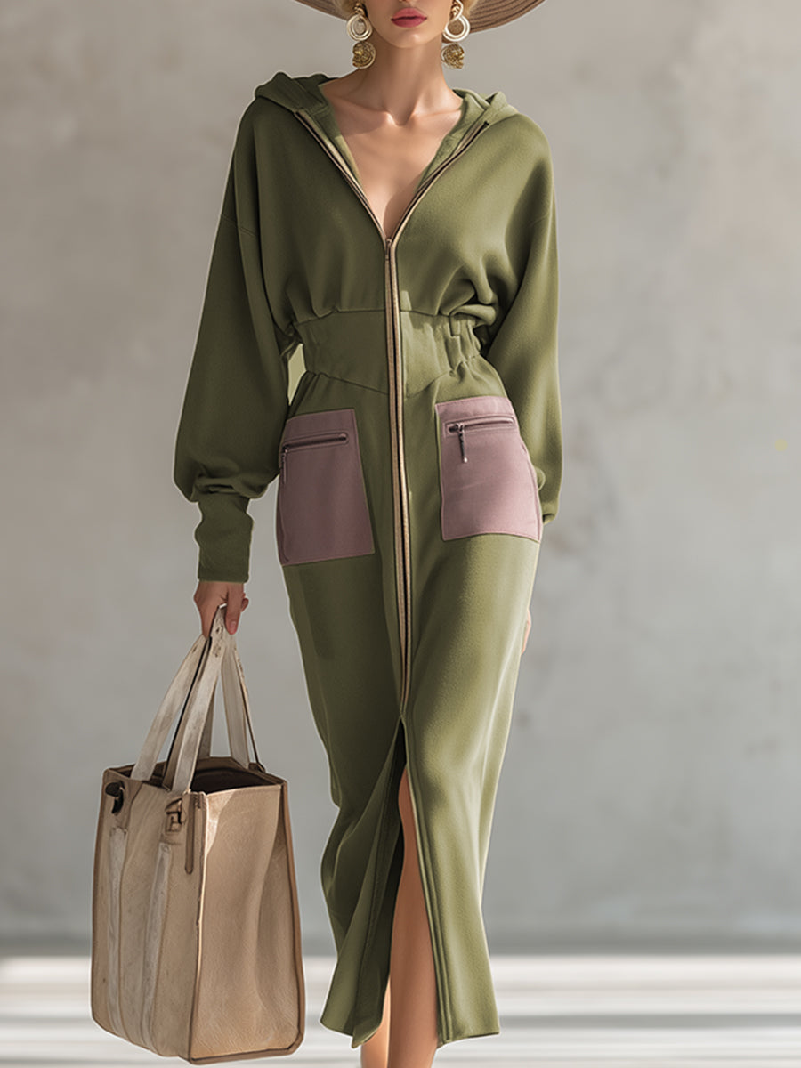 Robe Maxi Élégante à Manches Longues et Capuche - Vert Olive, Silhouette Ajustée