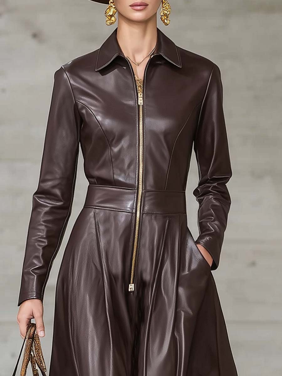 Robe Maxi en Cuir Marron Haut de Gamme avec Fermeture Éclair Avant et Élégantes Manches Longues