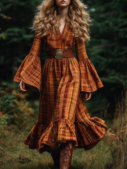 Robe Midi Vintage à Carreaux Orange avec V-Neck et Manches Trompette