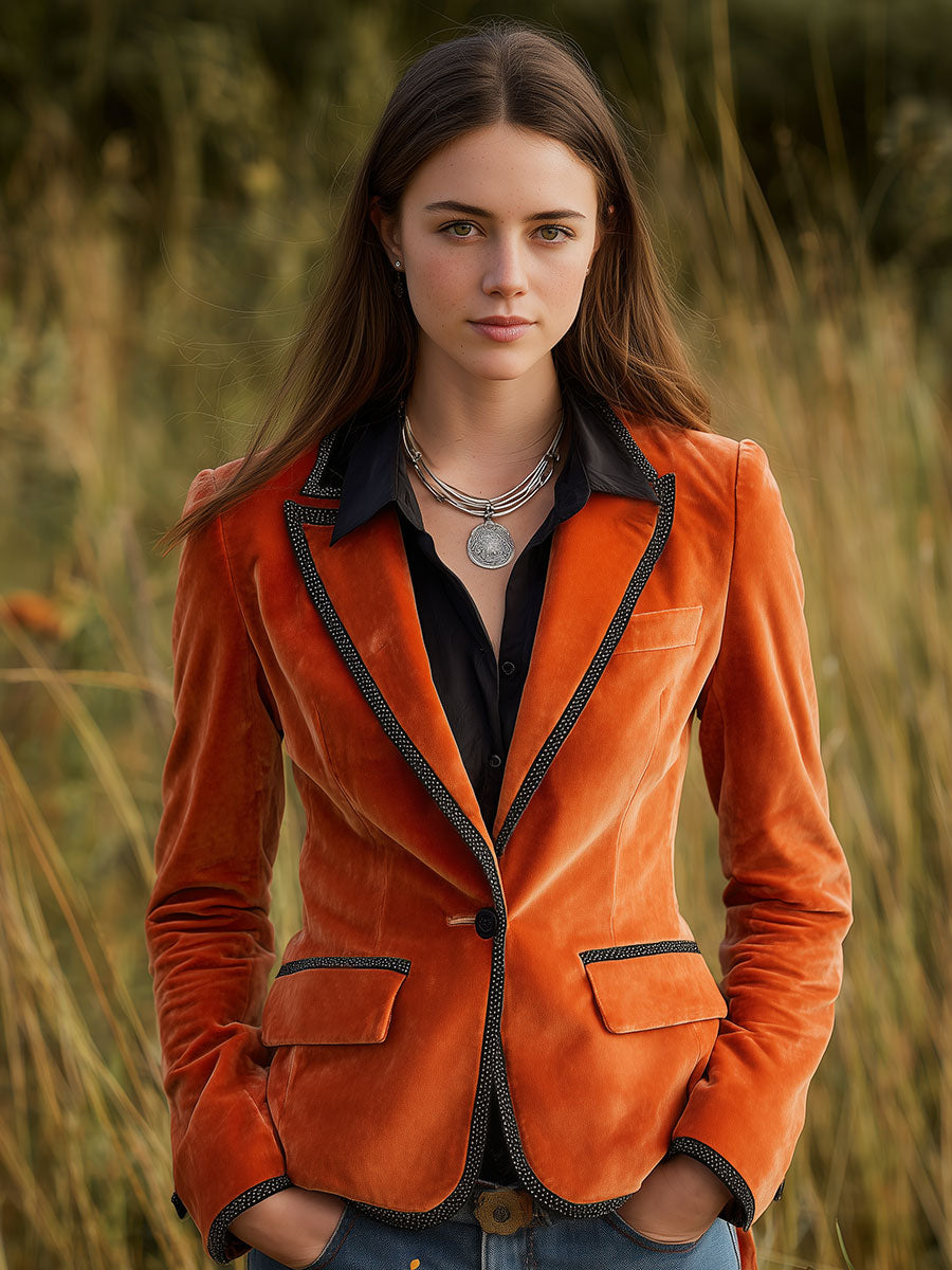 Veste Vintage en Velours Orange avec Patches