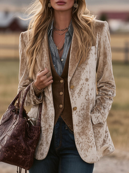 Veste en Velours Camel avec Motif de Cerf Sika - Élégance Nomade au Style Western Rétro