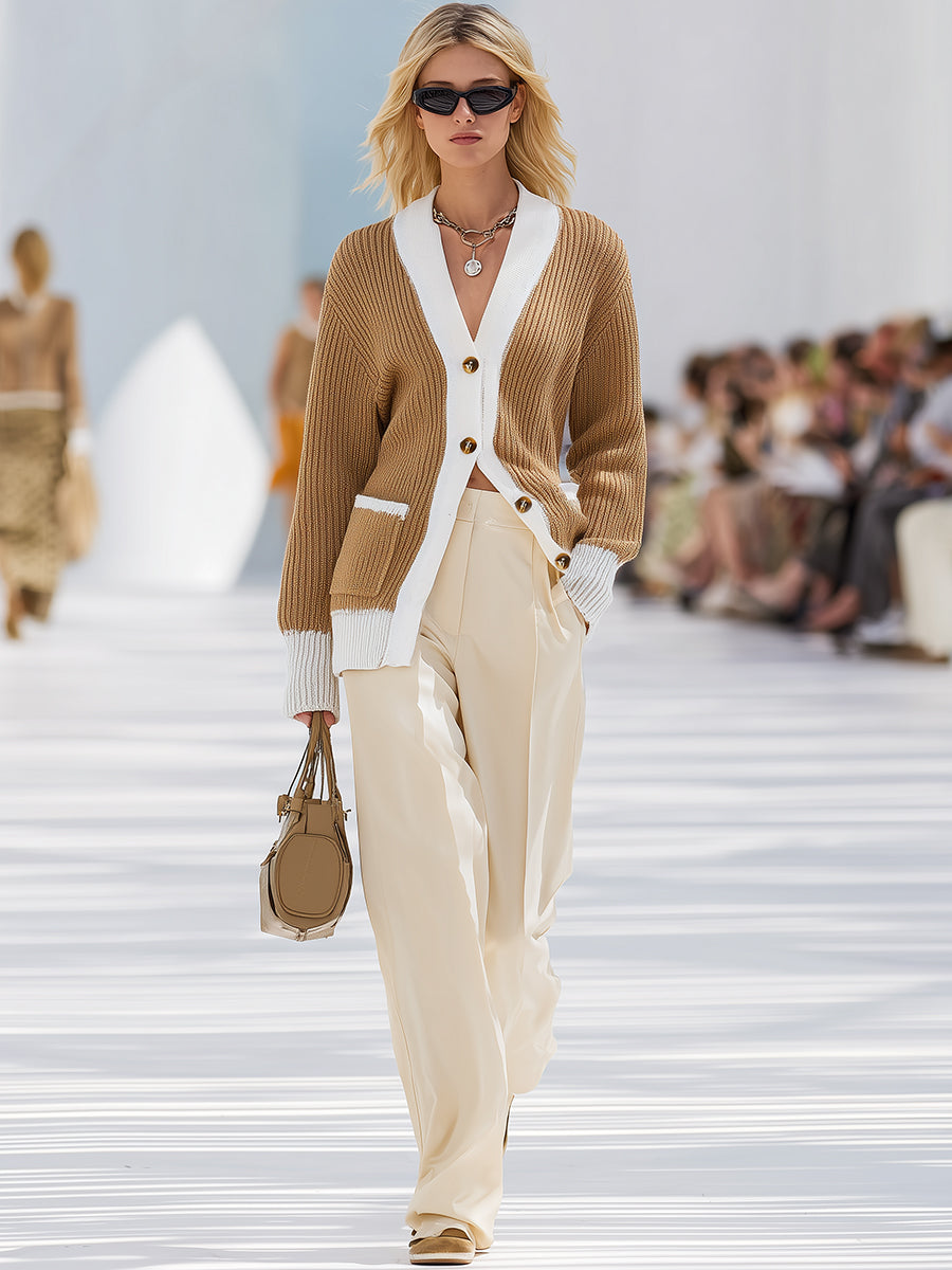 Chic Cardigan Tricoté en Harmonie de Marron et Blanc