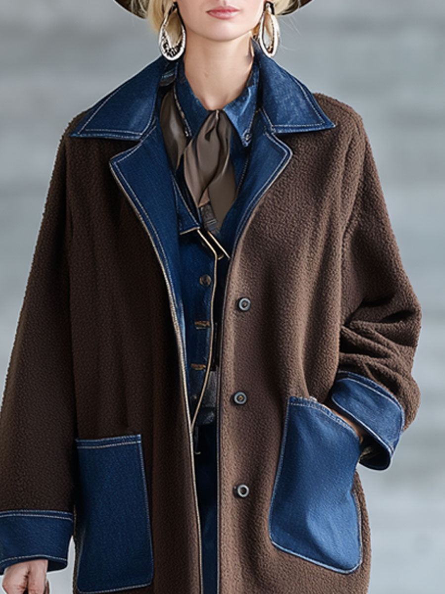Veste en polaire chocolat avec patchwork denim - Style nomade urbain rétro