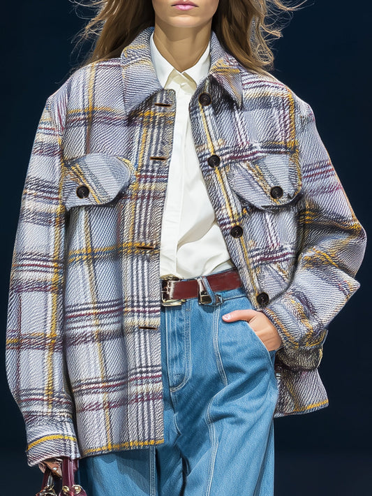 Chic Blazer Décontracté à Carreaux Gris et Jaune