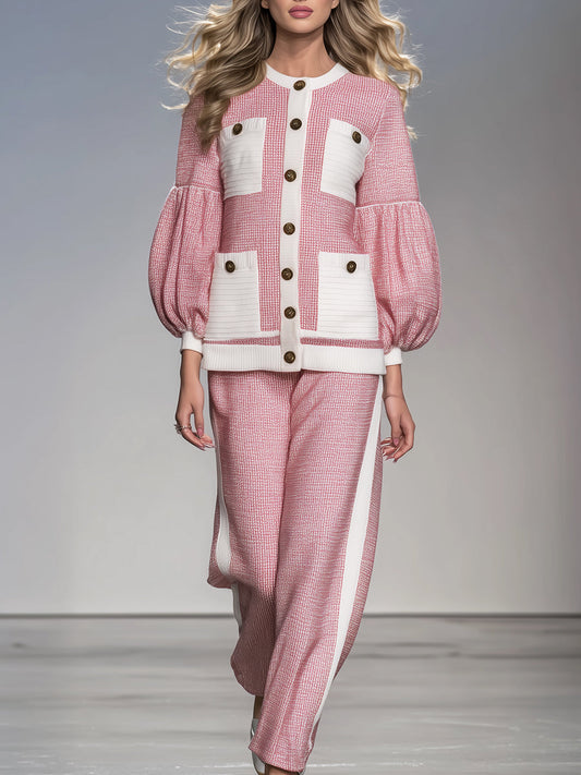 Ensemble Élégant : Pantalons Amples avec Manches Bouffantes Blanches et Poches Roses