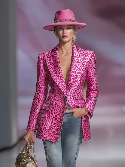 Veste Satinée Vintage à Imprimé Léopard avec Bouton Unique