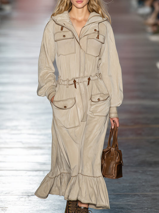 Robe Maxi Décontractée à Capuche Kaki Clair avec Coutures Apparentes et Poches Pratiques