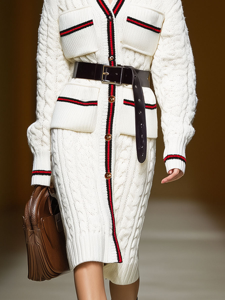 Trench en Tricot à Col Oversize avec Poches Multiples et Ceinture