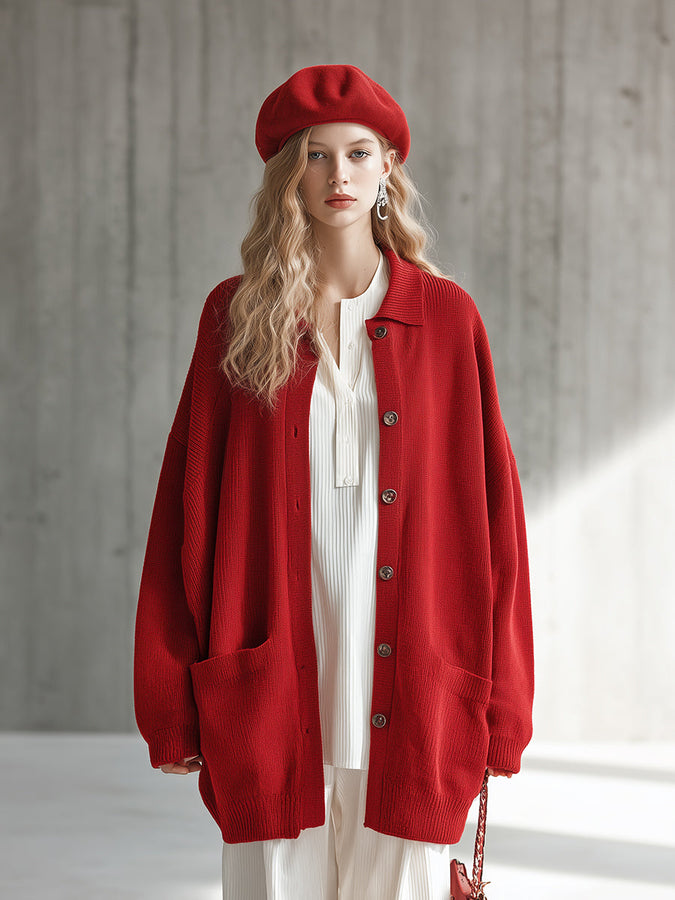 Chic Cardigan Rouge Tricoté avec Revers Élégant