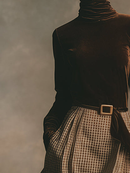 Robe Maxi en Velours Brun à Motif Carreaux avec Col en Pile Chic