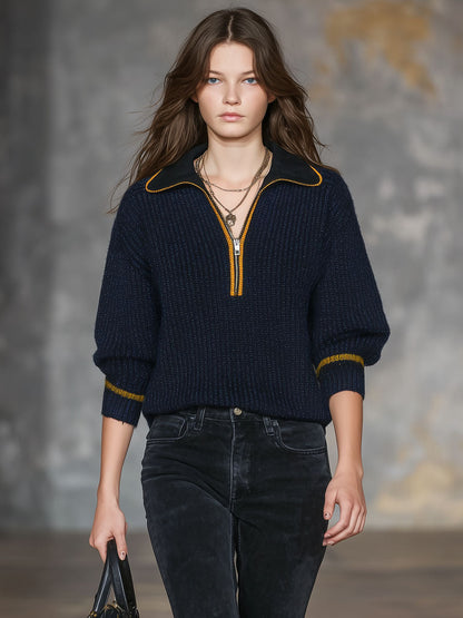 Pull à col ouvert avec revers et bordure contrastante