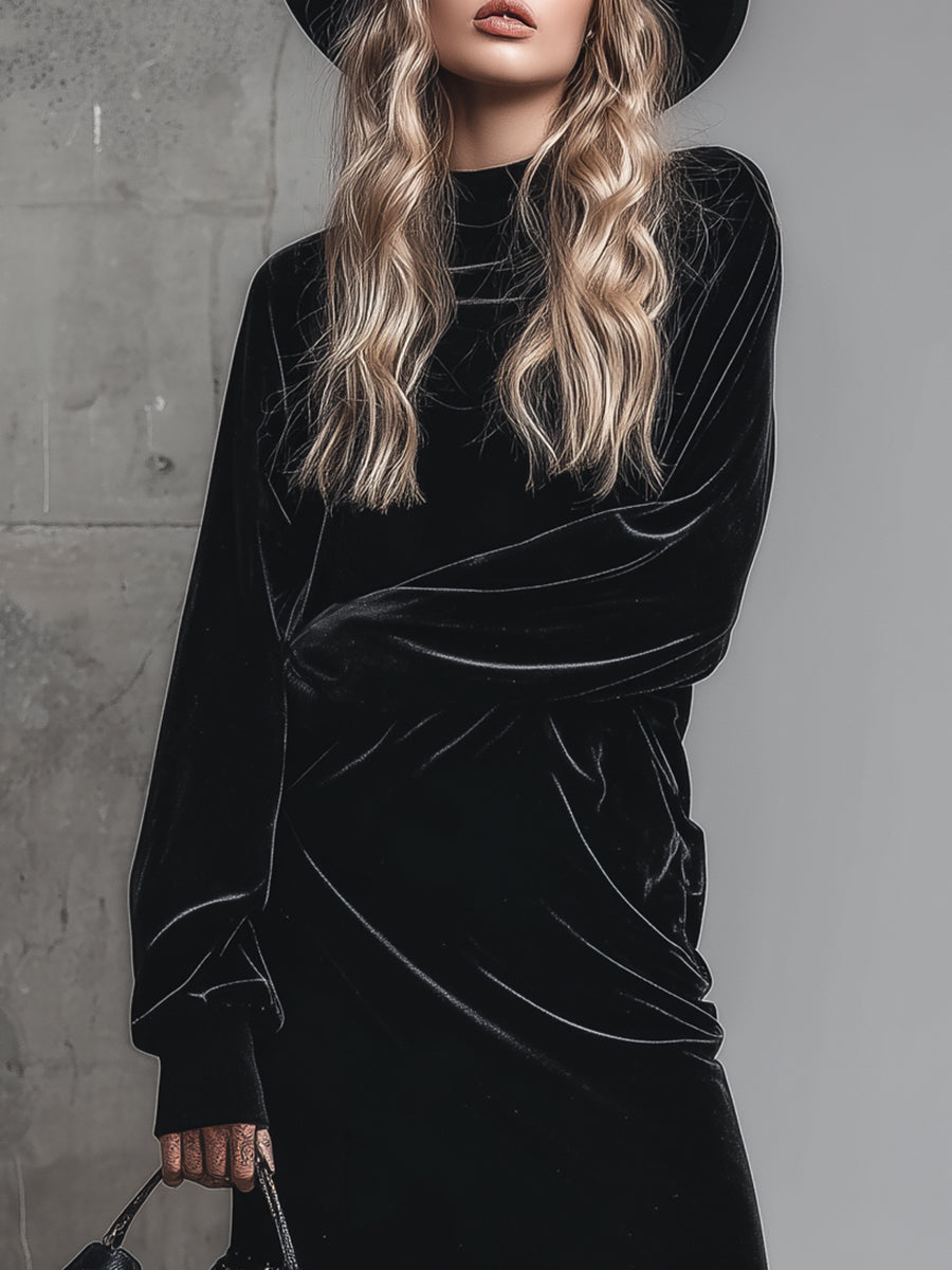 Robe Maxi en Velours Noir à Pois avec Col Mi-Haut Évasé