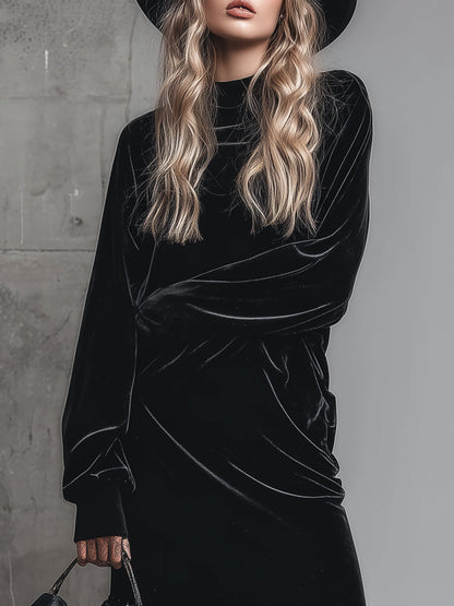 Robe Maxi en Velours Noir à Pois avec Col Mi-Haut Évasé